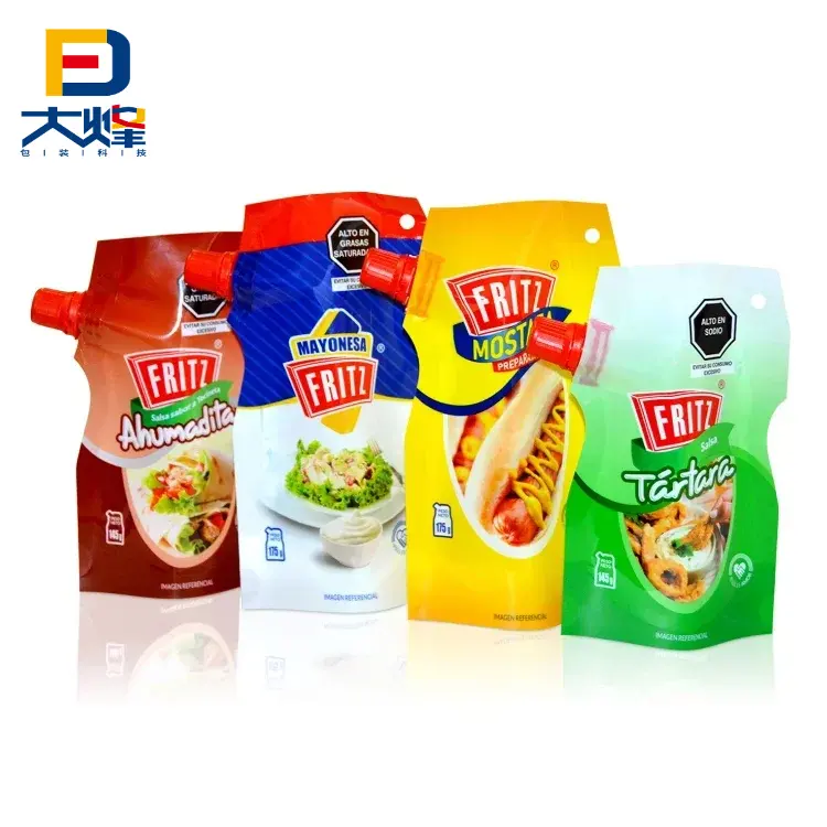 Flexible personalizado impreso de alta calidad Stand Up Mayonesa Sauce Packaging Corner Reutilizable Spout Pouch