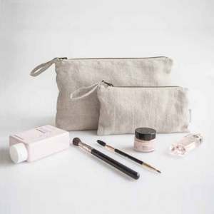 Factory Custom High Quality Embroidery <b>Drawstring</b> Personalized Organic Linen Pouch With Zipper Linen <b>Makeup</b> <b>Bag</b> - Product Image 1