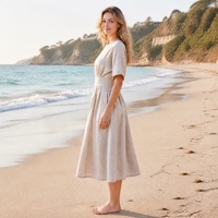 Robe plissée 100% lin sur mesure avec poches, manches courtes, robe d'été cintrée à la taille, robe décontractée élégante