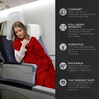 Couverture d'avion compacte et portable de qualité supérieure avec boutons-pression pour le cou, poches pour les pieds et pochette zippée, se transformant en coussin moelleux pour les voyages