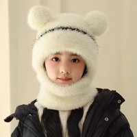 Bonnet en tricot jacquard en peluche Spandex pour enfants, imitation animale, avec boutons, pour filles et garçons, cache-cou intégré, automne-hiver