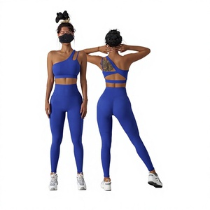 <b>Women</b> One Shoulder Stand Neckline Breathable Sports Bra High Waist <b>Leggings</b> 2 Piece Set Blue Cut-Out Seamless Yoga Activewear - Product Image 2