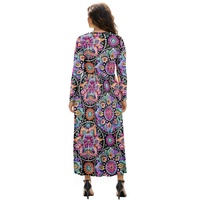 Robe longue ample à taille élastique, manches longues, imprimé floral mandala ethnique, ourlet évasé, coupe trapèze, pour femme, idéale pour les voyages et la plage, avec poches