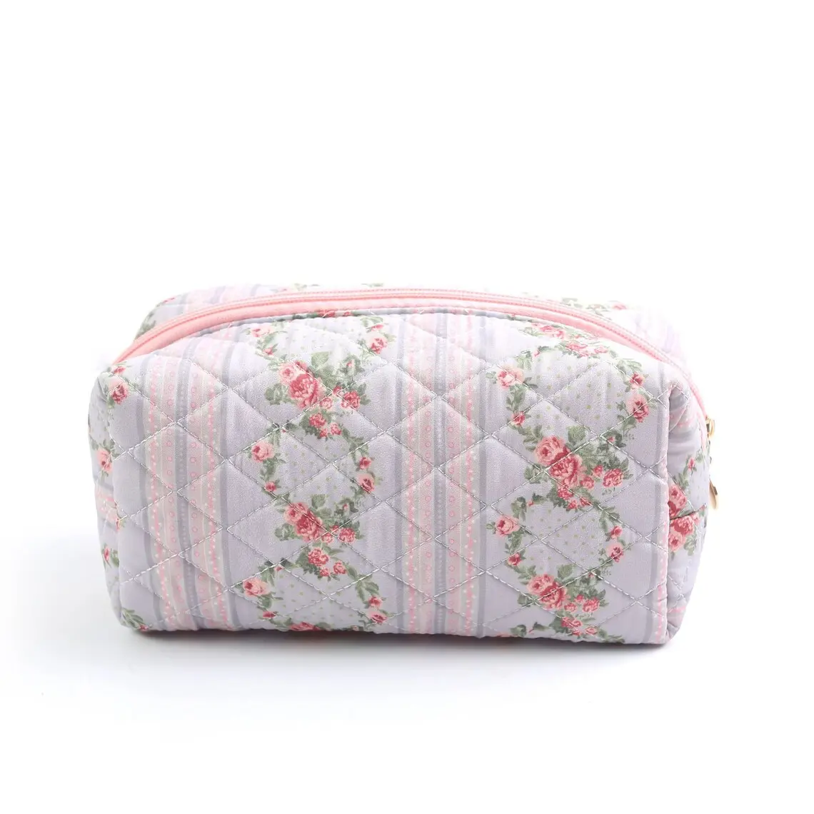 Borsa per il trucco in cotone trapuntato portatile personalizzata con chiusura a cerniera grazioso sacchetto floreale da toilette Organizer borsa cosmetica per i viaggi