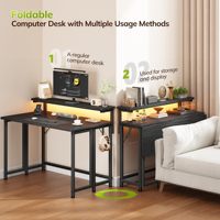 Table pliante économique de 31,5 pouces, facile à assembler, avec support ergonomique pour écran et LED, pour petits espaces, bureau d'ordinateur étroit noir