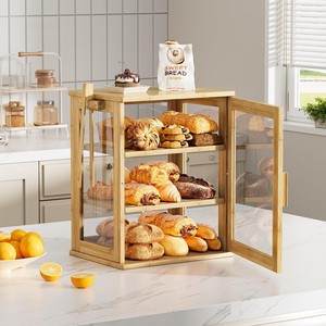 Boîte de rangement à pain en bambou multi-niveaux avec porte en verre, pour comptoir de cuisine, pour boulangerie, pâtisseries et en-cas - Product Image 1