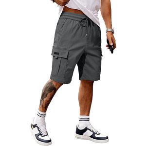 FOXA Men's Casual Cargo Shorts Elastic Waist Drawstring Summer Work Short With Multi Pockets Breathable Canvas <b>Material</b> - Product Image 1
