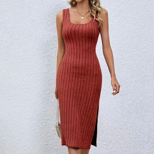 <span class=keywords><strong>Robe</strong></span> d'été pour femmes, col carré, sexy, sans manches, motif uni, taille naturelle, longueur genou, <span class=keywords><strong>robe</strong></span> ajustée pour femmes - Product Image 1