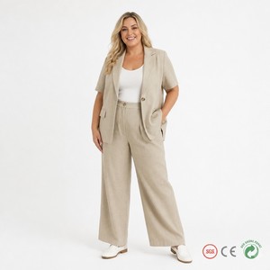 Traje de Blazer de Lino de Manga Corta Personalizado para Mujer, Tallas Grandes, Solapa con Muescas Relajada, Conjunto de Pantalón de Pierna Ancha para Verano, Tallas AU 14 a 26 - Product Image 1