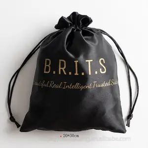 Custom Logo Printed Black Satin Hair Packing Drawstring Bag High End Luxury Wig Extension Shoe Clothes Silk Pouch