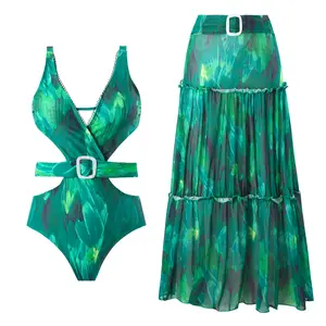 2024 New One Pieces V Neck Beachwear +Bohemian Dresses for Women Cut Out Bodysuit Feather Printed Swimsuit and Skirt with Belted