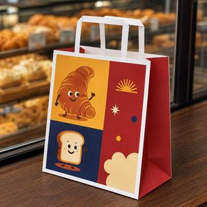 Sacs en papier personnalisés pour boulangerie avec poignées plates, imprimés en couleur, pour pain, gâteaux, emballages alimentaires à emporter, sacs recyclables - Product Image 3