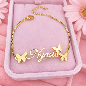 Kinder-Schmuckset mit Individueller Namensgravur, Schmuckbox, Edelstahlkette, 18K Vergoldeter Schmetterling, Personalisiertes Geschenk für Frauen - Product Image 3