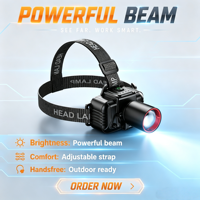 Lampe frontale LED rechargeable avec angle de tête réglable, faisceau longue portée et indicateur de batterie pour le camping et la randonnée en extérieur