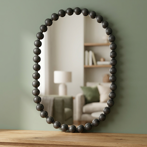 Miroir mural rond en bois perlé, cadre décoratif minimaliste pour salon et chambre à coucher - Product Image 4
