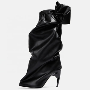 Wide Top Women's Knee High <b>Boots</b> Pointed Toe Bow Knotted Pants Long Booties Stiletto Hook Shape Heels Stage Shoes - Product Image 3