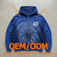 Sweat à capuche zippé Premium délavé à la pierre avec strass dégradés, impression de logo personnalisé, épaules tombantes, coupe oversize, streetwear homme