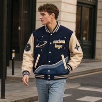 Veste universitaire à étiquette privée pour homme, bleu marine et blanc, patchwork, broderie graphique, streetwear lourd, veste universitaire décontractée