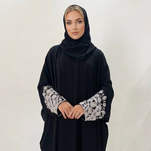 Abaya Larga Floral Hecha a Mano para Mujer, Estilo Turco, Abierta por Delante, Hasta el Suelo, Modesta, para Boda, Eid, Ramadán, en Poliéster, Superventas - Product Image 1