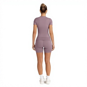 Customized Women Yoga Set Quick Dry Seamless Gym <b>Workout</b> Outfit Short Sleeve Top High Waist Biker Shorts Activewear Set - Product Image 3