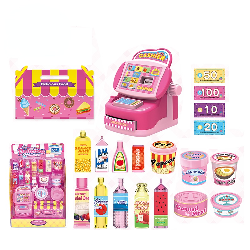 Pretend play toys supermarket play set Shopping game toy pretend drinks toy for kids with mini plastic cashier machine