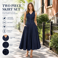 Ensemble gilet et jupe plissée bleu marine pour femme, col en V, deux pièces, tenue de bureau, vente en gros, OEM, marque privée