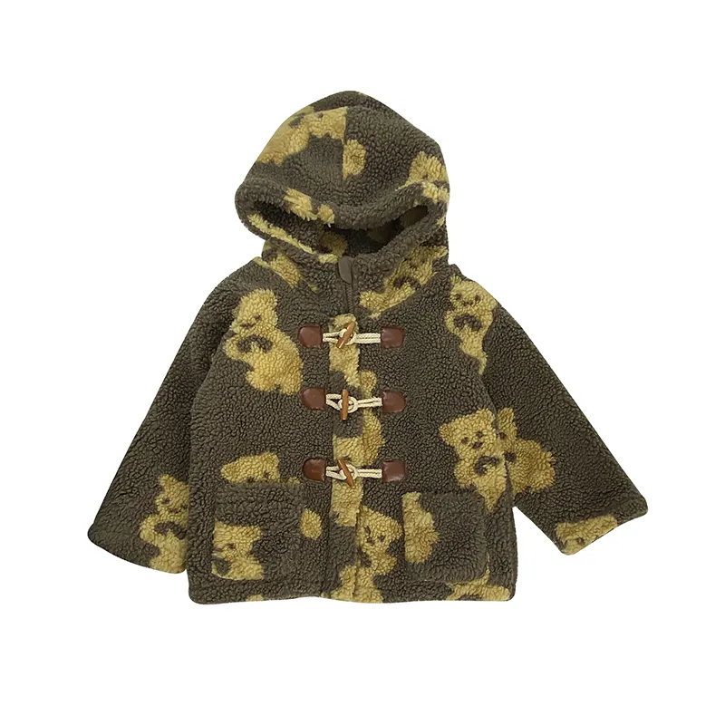 Cute bear printed sherpa hoodie coat for kids winter soft warm baby jacket