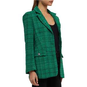 High Quality Custom Long Sleeve Button up V Neck Pocket <strong>Green</strong> Tassels <strong>Sequin</strong> Tweed Long Blazer <strong>Jacket</strong> - Product Image 3