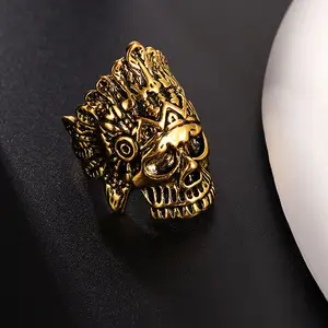 Nueva llegada moda Vintage aleación grabado gótico anillo Hip Hop Punk indio cráneo abierto hombres anillos de oro