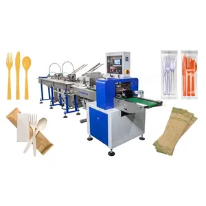 High Speed Automatic Auto Feeder Cutlery Sets Bag Flow Wrapping Packaging Packing Machine