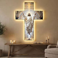 Croix de Jésus sculptée avec soin et illuminée, peinture artistique murale en bois lumineux LED pour la décoration chrétienne de la maison