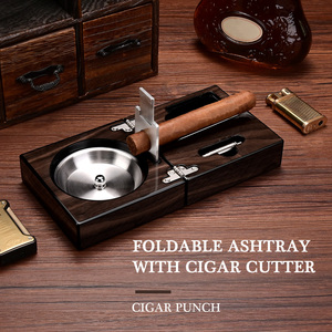 New Wholesale Custom Logo Luxury Walnut Wooden <strong>Folding</strong> Large Diameter Cigar Slot Cigar <strong>Ashtray</strong> With Cutter Smoking Accessories - Product Image 3