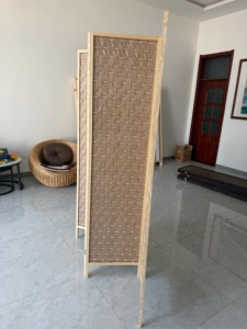 Boho Handwoven Paper Rope 4 Folding Screen Room Divider Wood Frame Rattan Privacy Partition Living Room Decor - Product Image 2