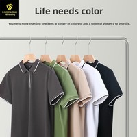 Nouvelle chemise d'été Parsonron pour homme en coton mercerisé anti-humidité, à manches courtes, col brodé, fermeture éclair, couleur unie