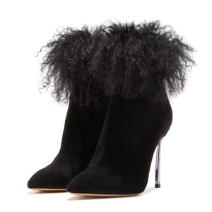 Handmade Fur Soft Suede New Design Dress Shoes Custom Made High Slim Heels Pointy Toe Women Ankle <b>Boots</b> - Product Image 2