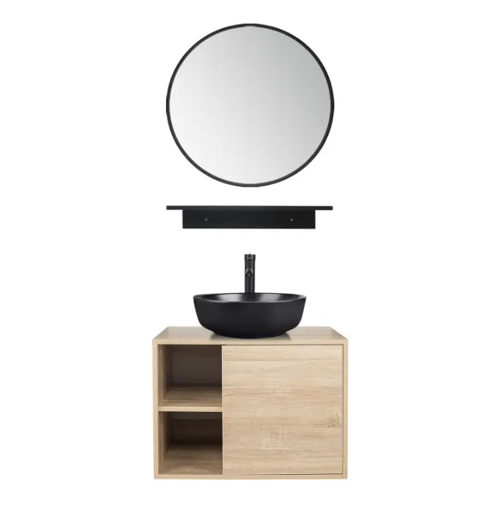 Hotel Restroom MDF PVC Wood grain bathroom cabinet 1 door bathroom vanity with black counter top basin and mirror