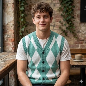 Gilet pull jacquard personnalisé pour <span class=keywords><strong>homme</strong></span>, col en V, boutonné, <span class=keywords><strong>sans</strong></span> manches, tricoté, coupe ample, anti-rétrécissement, collection printemps - Product Image 2