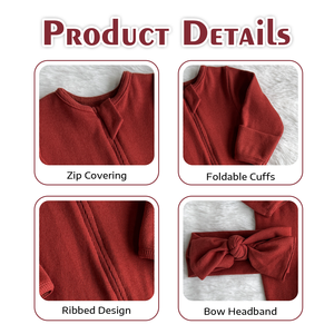 Детский трикотажный комбинезон-слип из 95% хлопка и 5% спандекса, мягкий, в рубчик, с длинными рукавами, с повязкой на голову с бантом - Product Image 3