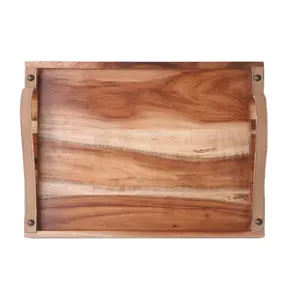 Bandeja de madera para servir superventas con asas de metal bandeja de madera para servir de forma rectangular para comida rústica