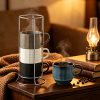 Ensemble de tasses à café en céramique empilables de style nordique avec support métallique, logo personnalisé, tasses en porcelaine côtelées empilables pour la maison (15 oz)