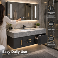 Ensemble de meubles de salle de bain de luxe avec lavabo intégré, miroir carré intelligent mural, finition marbre/quartzite