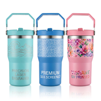 Gourde isotherme personnalisée en acier inoxydable 304 de 20 oz, à double paroi, avec couvercle à paille rabattable et poignée de transport