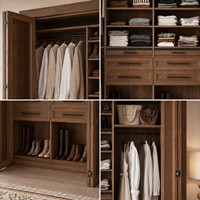 Armoire de chambre à coucher avec portes pliantes, étagères intégrées, style moderne et luxueux, couleur noyer, rangement optimisé