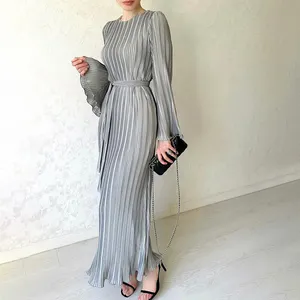 Muslim Casual Modest Spring Flare Sleeve Dresses Wholesale Pleated Dress Muslim Ramadan Islam Dubai Arab Lace-up Abayas Dress