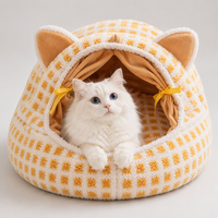 YAOYUE Lit pour chat en peluche, type grotte, avec rideau en forme de tête de chat, nid douillet en peluche de mouton, maisonnette d'intérieur pour chat