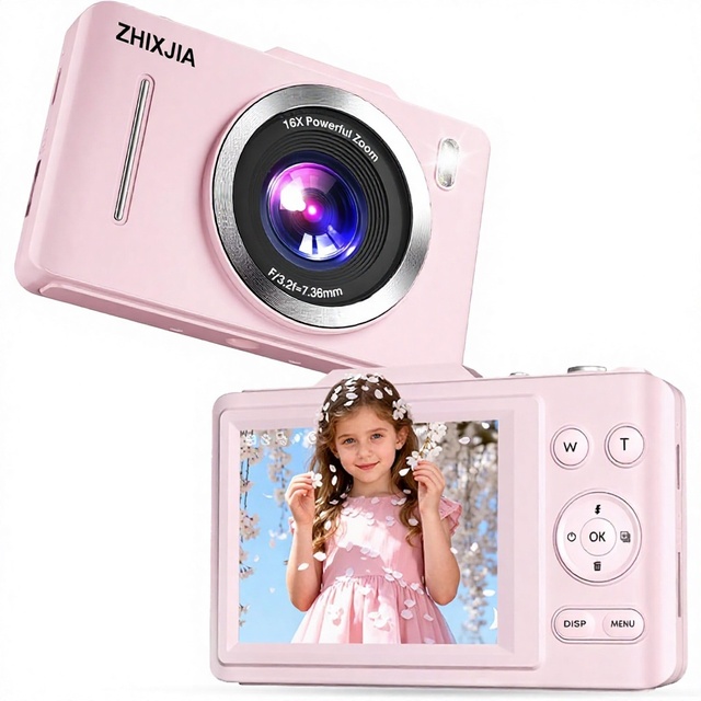 Digital Camera 4K Video 16X Optical Zoom CCD Sensor Autofocus Anti-Shake Compact Portable Kids & Beginners Pink