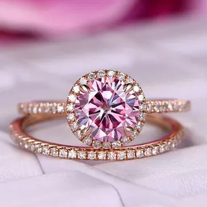 Custom Jewelry Solid 14k Rose Gold Classic Round Cut 7mm Pink Moissanite Wedding Band Rings