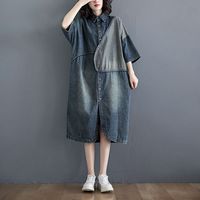 Casual trois quarts manches courtes boutons Patchwork robes Midi col rabattu coton Denim robe femmes 2023 vente en gros