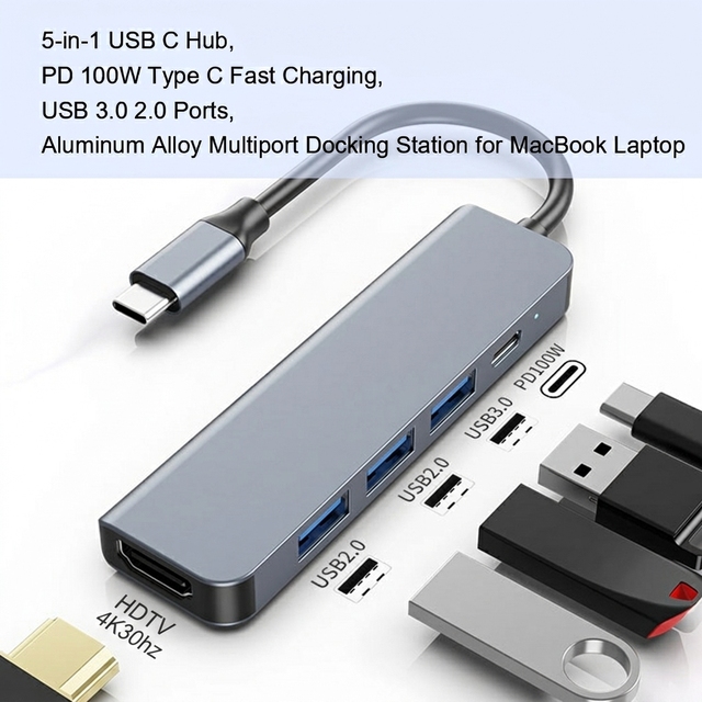 5 In 1 Usb3.0 C Docking Station Aluminum Alloy Type C Multiport Docking Station Hub With Pd 100w Charging For Computer Adapter