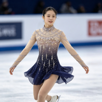 Robe de patinage artistique bleu marine dégradé à col montant et manches longues, entièrement ornée de strass, dos ouvert, pour concours de danse sur glace